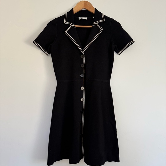 SANDRO Laureene Contrast Topstiched Dress in black with ivory detail Size: 36/S - Picture 2 of 8